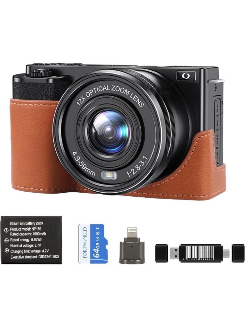 64MP 4K Digital Camera with 12X Zoom, Auto-Focus, Wi-Fi & 64GB Memory Card
